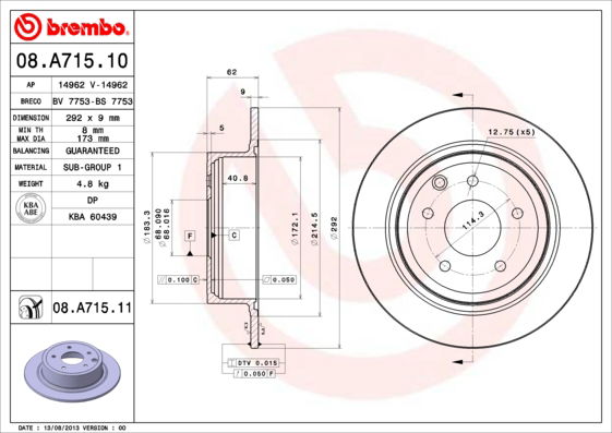 Bremsscheibe Hinterachse Brembo 08.A715.11 von Brembo