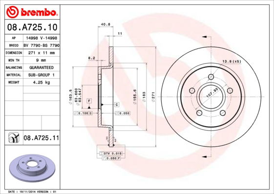 Bremsscheibe Hinterachse Brembo 08.A725.11 von Brembo