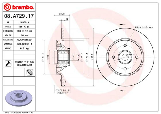 Bremsscheibe Hinterachse Brembo 08.A729.17 von Brembo