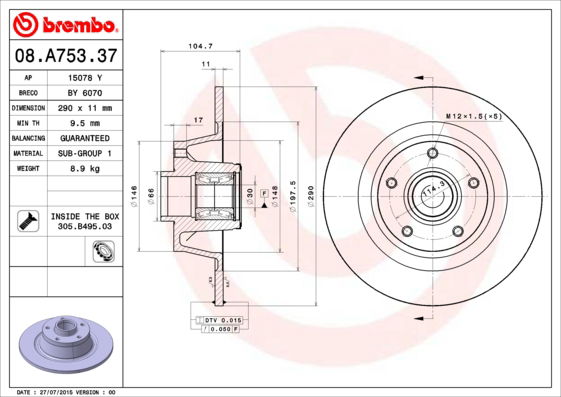 Bremsscheibe Hinterachse Brembo 08.A753.37 von Brembo