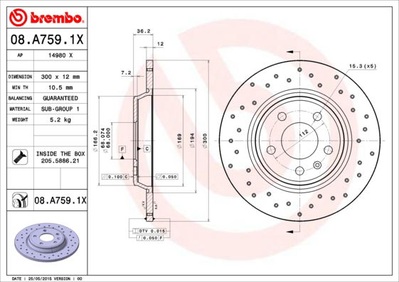 Bremsscheibe Hinterachse Brembo 08.A759.1X von Brembo