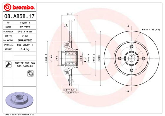 Bremsscheibe Hinterachse Brembo 08.A858.17 von Brembo