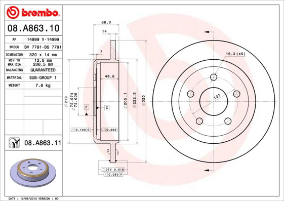 Bremsscheibe Hinterachse Brembo 08.A863.11 von Brembo