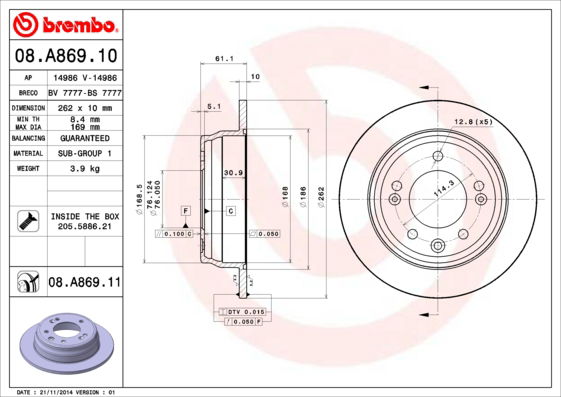 Bremsscheibe Hinterachse Brembo 08.A869.11 von Brembo