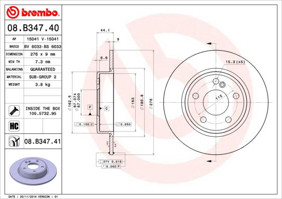 Bremsscheibe Hinterachse Brembo 08.B347.41 von Brembo