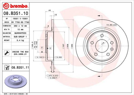 Bremsscheibe Hinterachse Brembo 08.B351.11 von Brembo