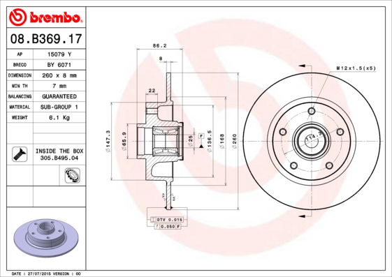 Bremsscheibe Hinterachse Brembo 08.B369.17 von Brembo