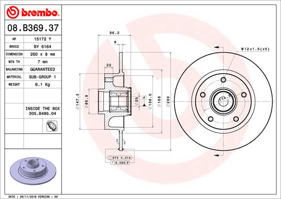 Bremsscheibe Hinterachse Brembo 08.B369.37 von Brembo