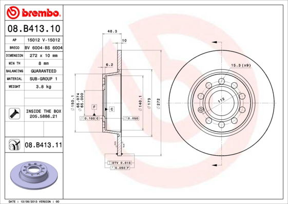 Bremsscheibe Hinterachse Brembo 08.B413.10 von Brembo