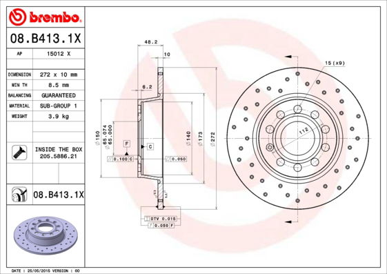 Bremsscheibe Hinterachse Brembo 08.B413.1X von Brembo