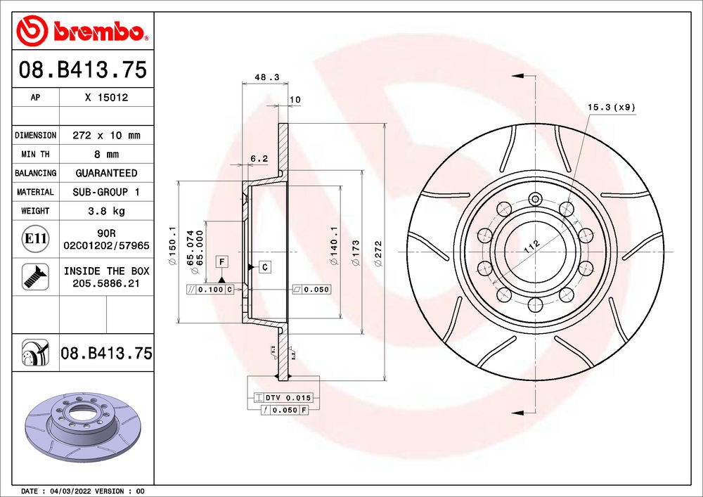 Bremsscheibe Hinterachse Brembo 08.B413.75 von Brembo