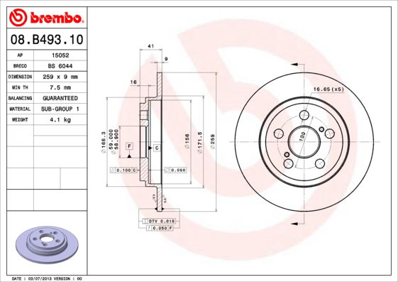 Bremsscheibe Hinterachse Brembo 08.B493.10 von Brembo