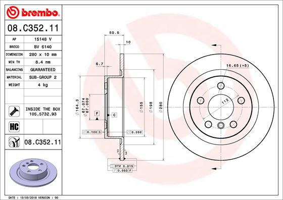 Bremsscheibe Hinterachse Brembo 08.C352.11 von Brembo