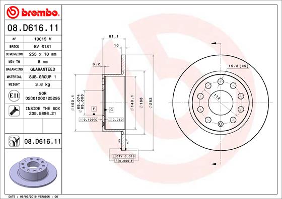 Bremsscheibe Hinterachse Brembo 08.D616.11 von Brembo