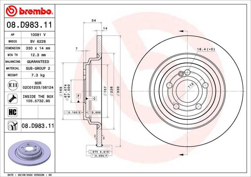 Bremsscheibe Hinterachse Brembo 08.D983.11 von Brembo