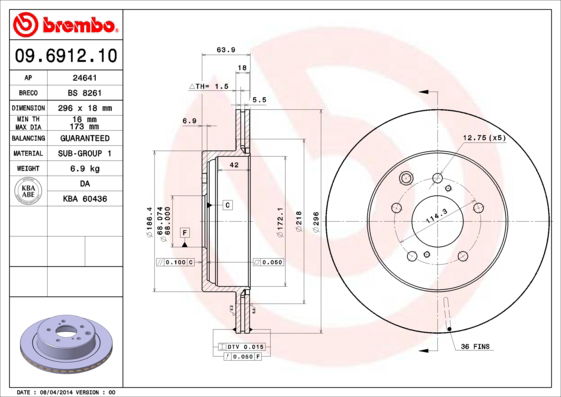 Bremsscheibe Hinterachse Brembo 09.6912.10 von Brembo