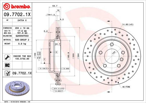 Bremsscheibe Hinterachse Brembo 09.7702.1X von Brembo