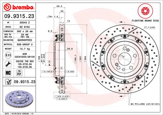 Bremsscheibe Hinterachse Brembo 09.9315.23 von Brembo