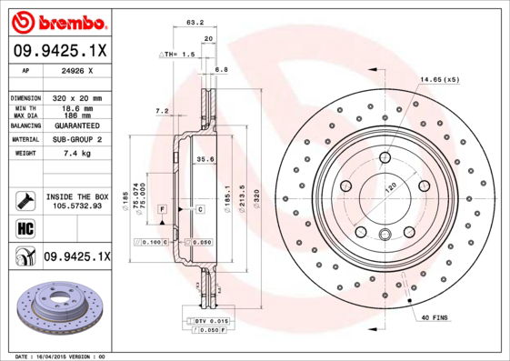 Bremsscheibe Hinterachse Brembo 09.9425.1X von Brembo