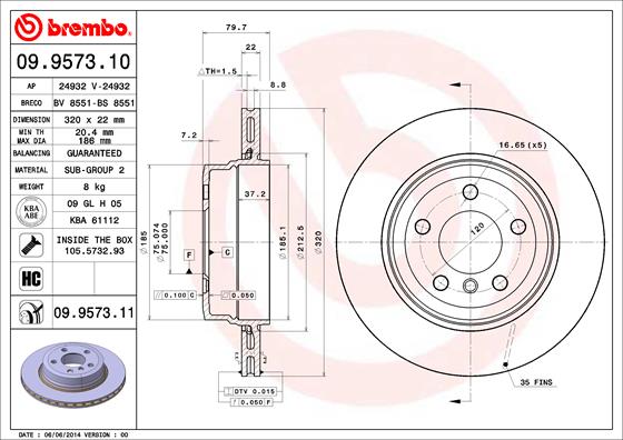 Bremsscheibe Hinterachse Brembo 09.9573.11 von Brembo