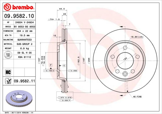 Bremsscheibe Hinterachse Brembo 09.9582.11 von Brembo