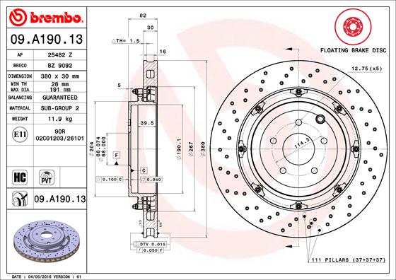 Bremsscheibe Hinterachse Brembo 09.A190.13 von Brembo