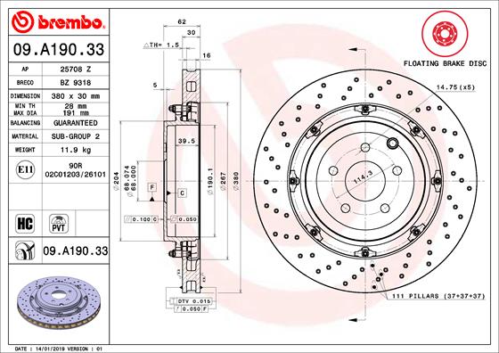 Bremsscheibe Hinterachse Brembo 09.A190.33 von Brembo