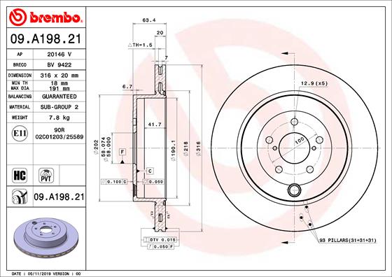 Bremsscheibe Hinterachse Brembo 09.A198.21 von Brembo