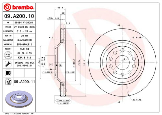 Bremsscheibe Hinterachse Brembo 09.A200.11 von Brembo