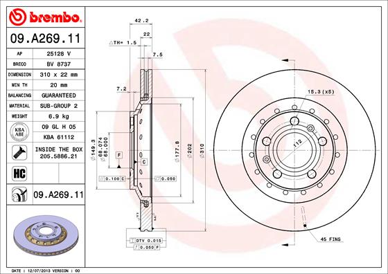 Bremsscheibe Hinterachse Brembo 09.A269.11 von Brembo