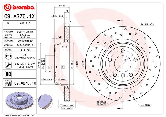 Bremsscheibe Hinterachse Brembo 09.A270.1X von Brembo