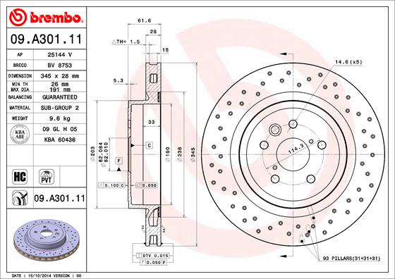 Bremsscheibe Hinterachse Brembo 09.A301.11 von Brembo