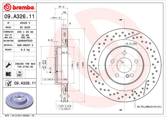 Bremsscheibe Hinterachse Brembo 09.A326.11 von Brembo