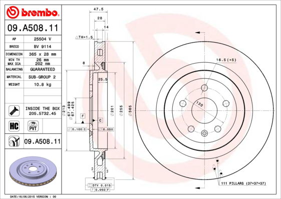 Bremsscheibe Hinterachse Brembo 09.A508.11 von Brembo