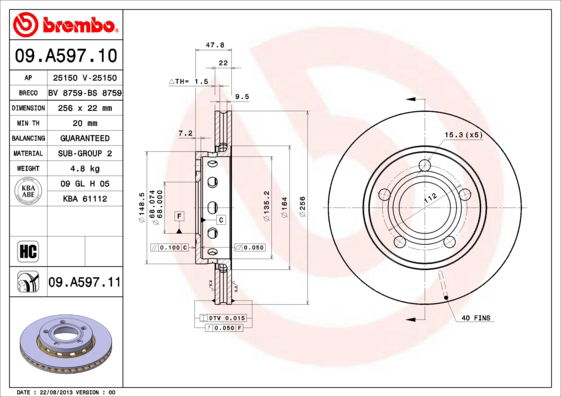 Bremsscheibe Hinterachse Brembo 09.A597.11 von Brembo