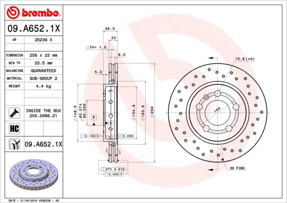 Bremsscheibe Hinterachse Brembo 09.A652.1X von Brembo