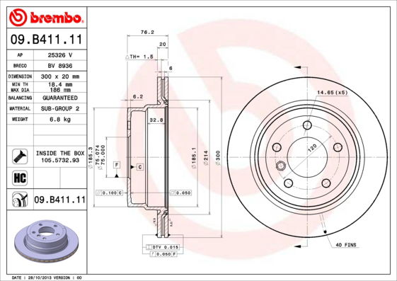 Bremsscheibe Hinterachse Brembo 09.B411.11 von Brembo