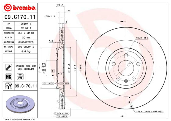 Bremsscheibe Hinterachse Brembo 09.C170.11 von Brembo