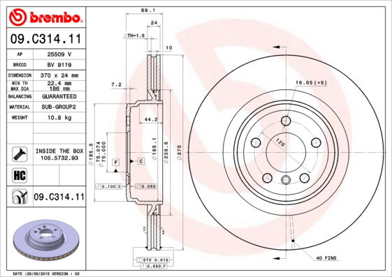 Bremsscheibe Hinterachse Brembo 09.C314.11 von Brembo