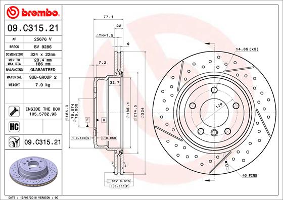 Bremsscheibe Hinterachse Brembo 09.C315.21 von Brembo