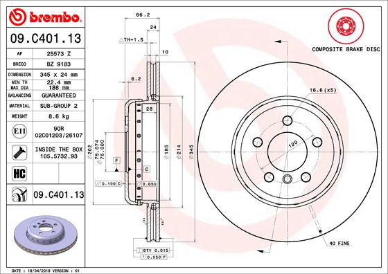 Bremsscheibe Hinterachse Brembo 09.C401.13 von Brembo