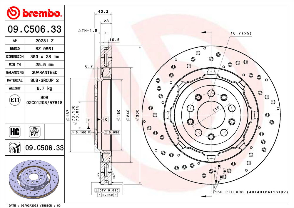 Bremsscheibe Hinterachse Brembo 09.C506.33 von Brembo