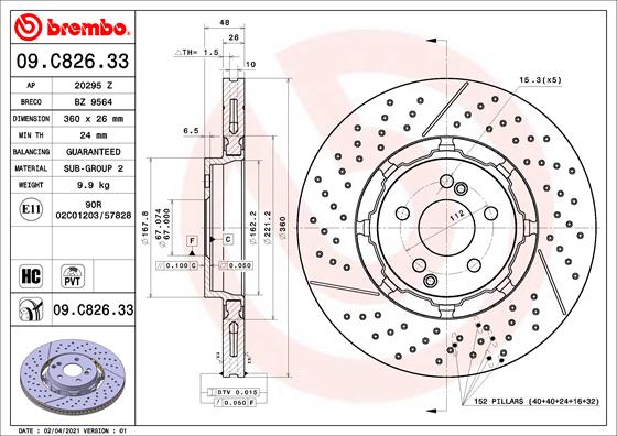 Bremsscheibe Hinterachse Brembo 09.C826.33 von Brembo