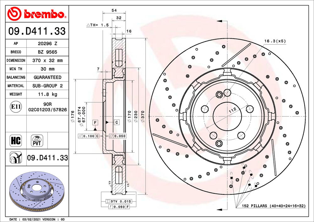 Bremsscheibe Hinterachse Brembo 09.D411.33 von Brembo