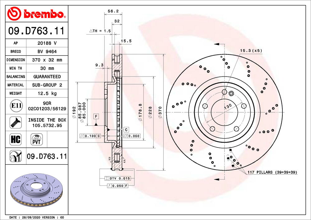 Bremsscheibe Hinterachse Brembo 09.D763.11 von Brembo