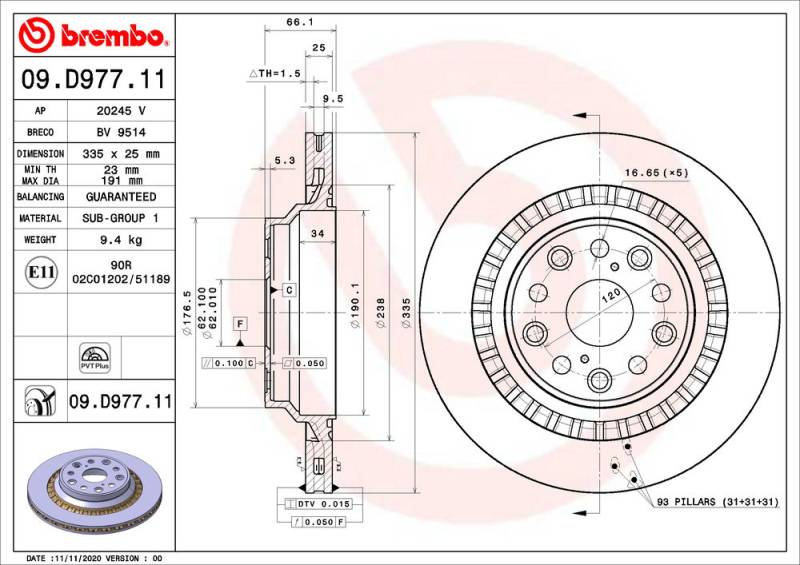 Bremsscheibe Hinterachse Brembo 09.D977.11 von Brembo