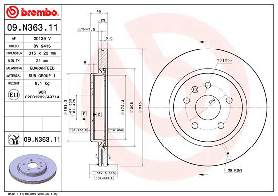 Bremsscheibe Hinterachse Brembo 09.N363.11 von Brembo