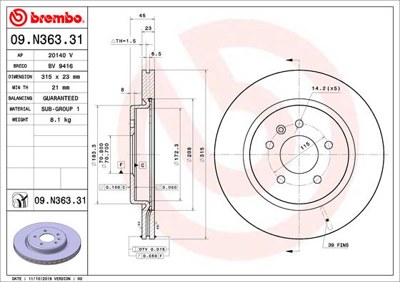 Bremsscheibe Hinterachse Brembo 09.N363.31 von Brembo