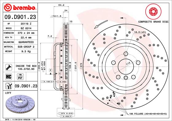 Bremsscheibe Hinterachse links Brembo 09.D901.23 von Brembo