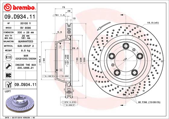 Bremsscheibe Hinterachse links Brembo 09.D934.11 von Brembo